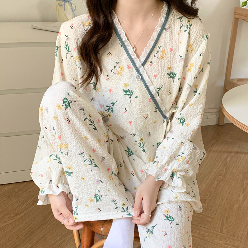 Women's Sleepwear Floral Printed Ladies Kimono Style Pajamas Set Loose Thin V-Neck Long Sleeves Gauze Cotton 2Pcs Sleepwear Loose Homewear 230321
