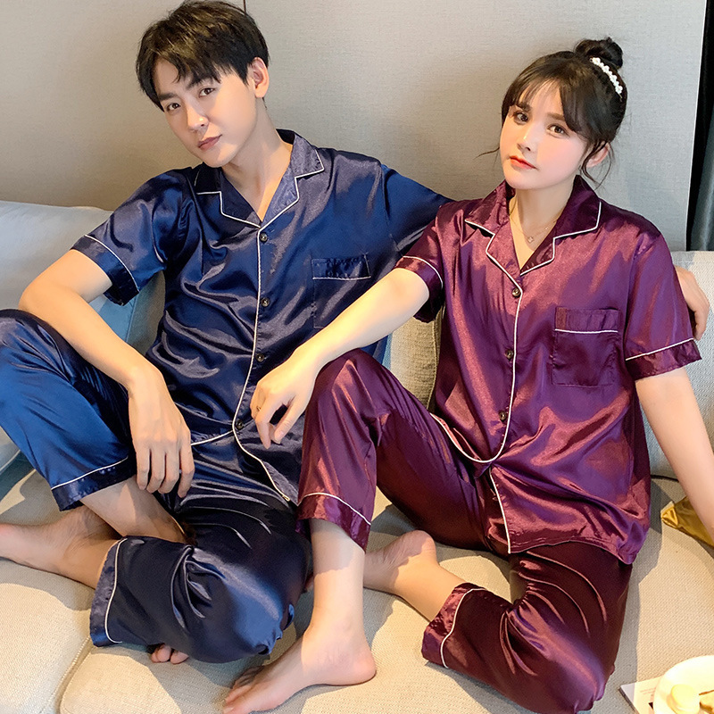 Women's Sleepwear Summer Solid Color Silk Satin Pajamas Couple Set Short Sleeve Trousers Button-Down Lovers Sleepwear Plus Size Pj Set Pyjamas 23