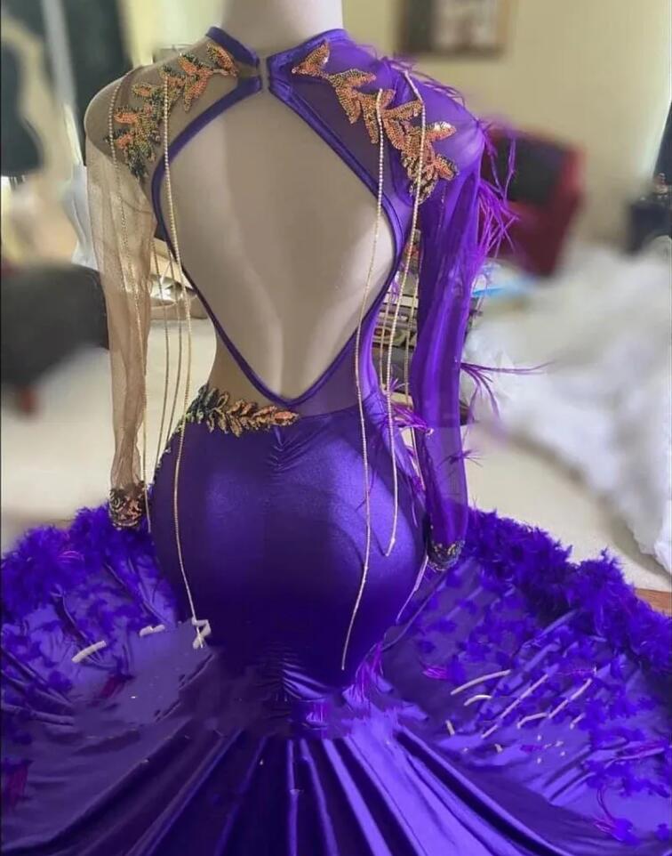 Purple Feathers Mermaid Prom Dresses Long Sleeve Sequin Applique Tassel Party Gowns Graduation Dress For Black Girls