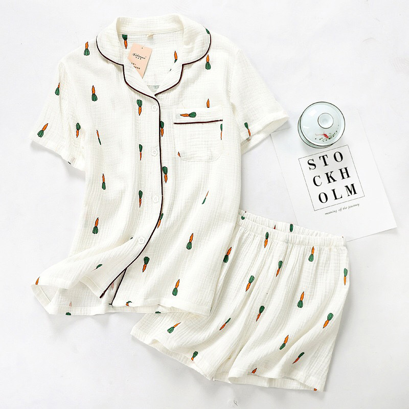 Women's Sleepwear Women Pajamas Set Summer Comfort Gauze Cotton Turn-down Collar Sleepwear Set Ladies Thin Loose Cartoon Carrot Printed Homewear 