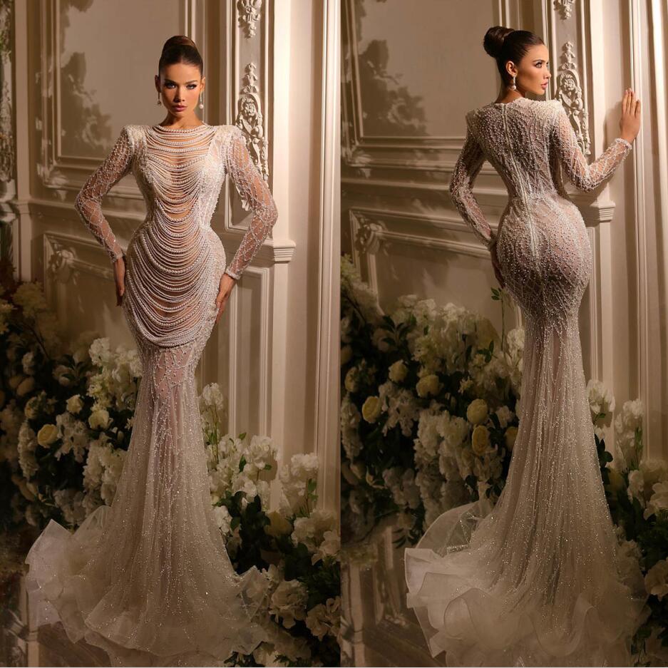 Pearls Mermaid Wedding Dress Sparkly Sequins Beading Long Sleeve Bridal Gowns Illusion Beaded Bride Dresses 0505 0505