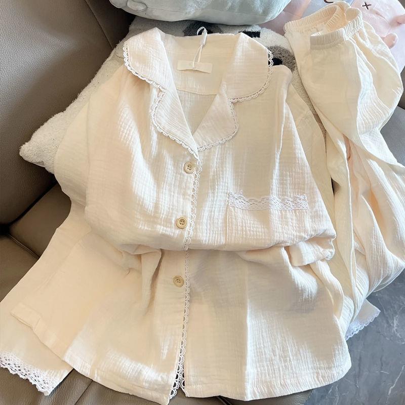 Women's Sleepwear M-5XL Korean Version Pajamas Women Sleepwear Cotton Yarn Cardigan Long-Sleeved Suit Embroidery Plus Size Home Wear Clothes 2303