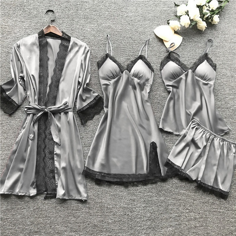 Women's Sleepwear Women Pajamas Sets Satin Sleepwear Silk 4 Pieces Nightwear Pyjama Strap Lace Sleep Lounge Pajama With Chest Pads 230321