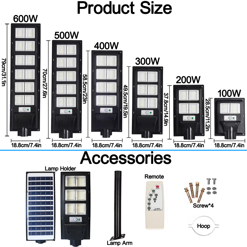 Outdoor Commercial 400W 500W 600W LED Solar Street Light IP67 Dusk-to-Dawn Roads Lamps Pole usalight