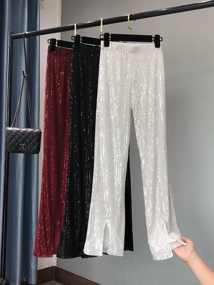 Women's Pants Capris The Women's Fashion Shining White Trousers Show Tall Waist Sequins Flares Pants 230321