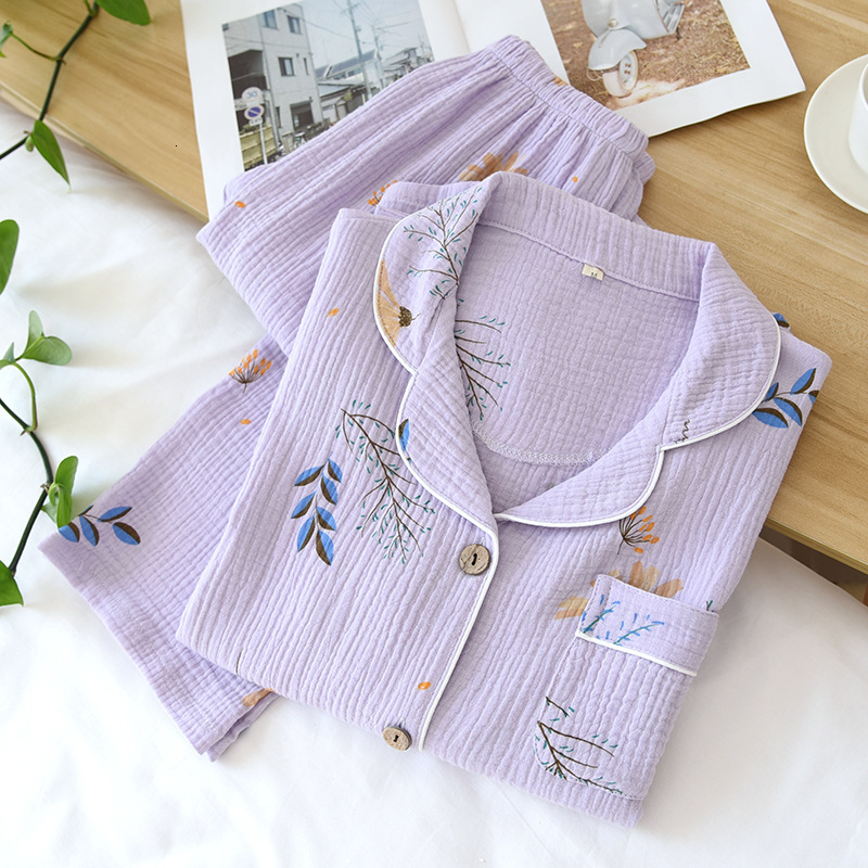 Women's Sleepwear Women Cotton Gauze Pajamas Long Sleeve Spring Pajama Set Purple Lavender Print Sleepwear 2 Piece Casual Loose Sexy Nightwear 23