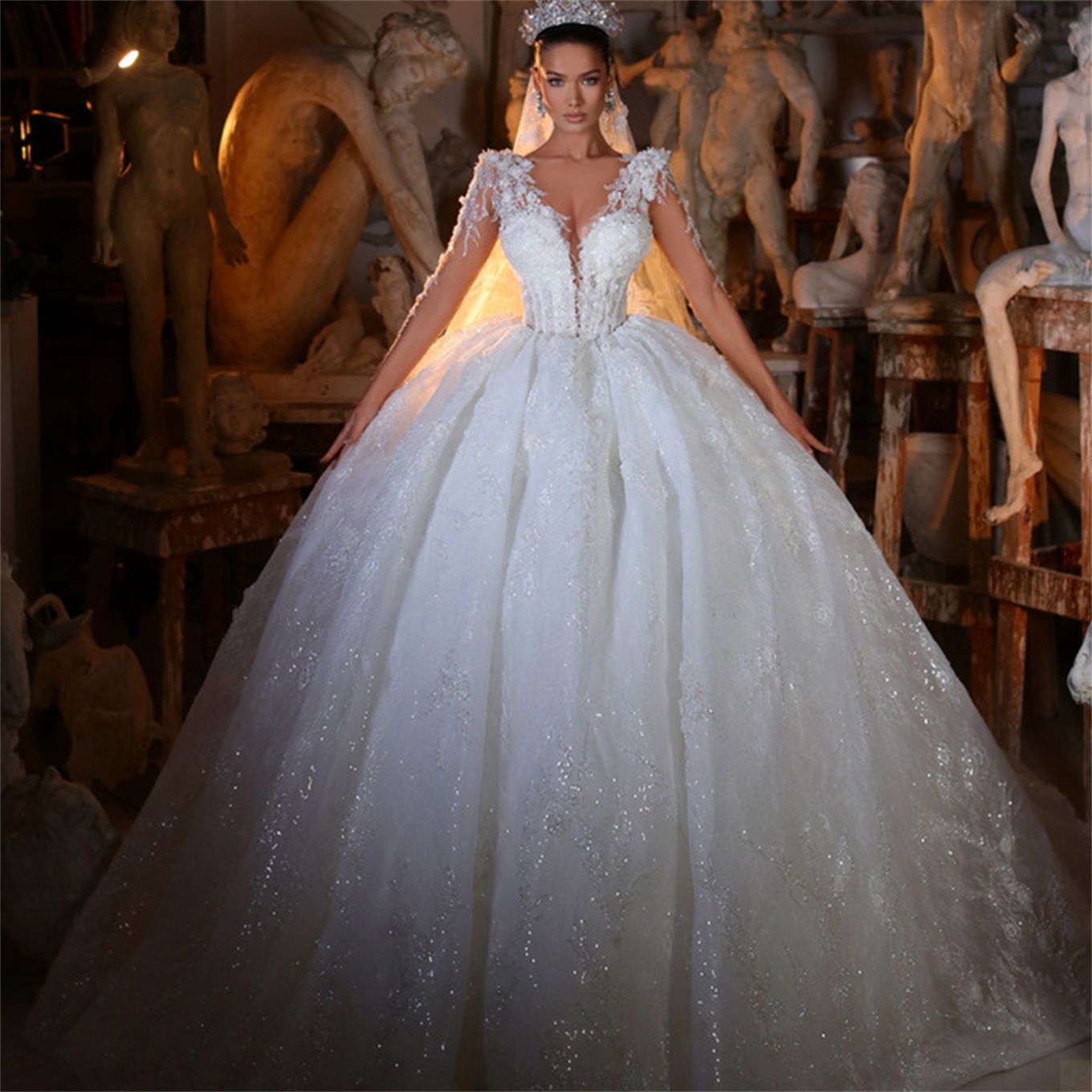 Glamorous Ball Gown Wedding Dresses V-neck Transparent 1/2 Sleeves Shining Applicants High Waist Chapel Gown Custom Made Bridal Gown Vestidos De Novia