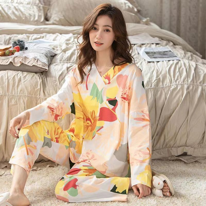 Women's Sleepwear Spring Autumn Women's Sleep Lounge Pajama Long Sleeved Woman Pajama Set Cartoon Pyjamas Cotton Sleepwear M L XL XXL XXXL F