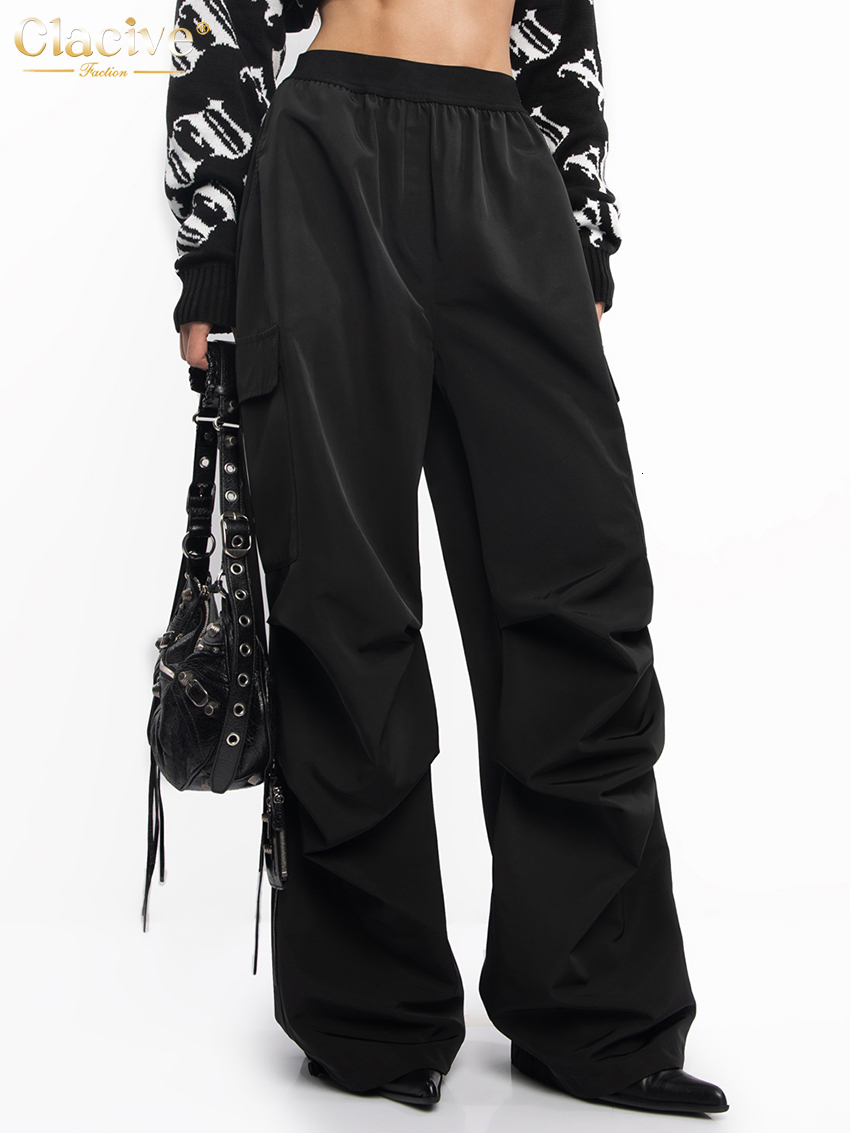 Women's Pants Capris Clacive Fashion Loose Black Cargo Pants Women Elegant Elastic Waist Full Length Pants Casual Straight Trousers Female Clothi