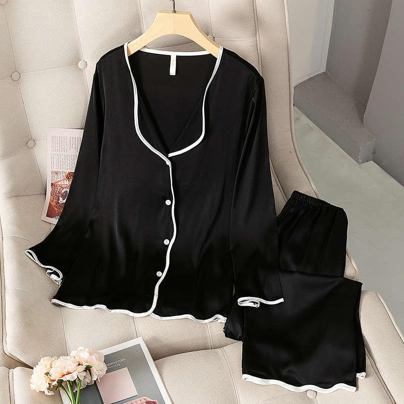 Women's Sleepwear Pajamas Women Sleepwear Spring Summer Thin Ice Silk Satin Loungewear Trouser Suits Solid White Black Edge Long Sleeve Home Wear