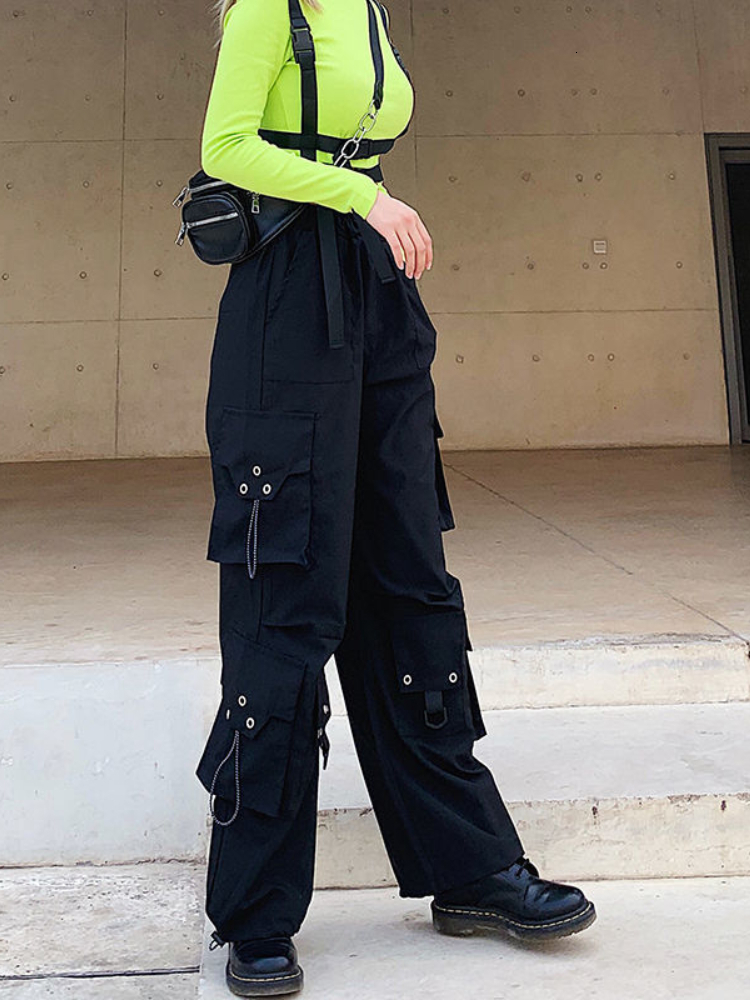 Women's Pants Capris QWEEK Gothic Cargo Pants Women Korean Fashion Spring Harajuku Streetwear Oversized High Waisted Loose Trousers Female Goth 2