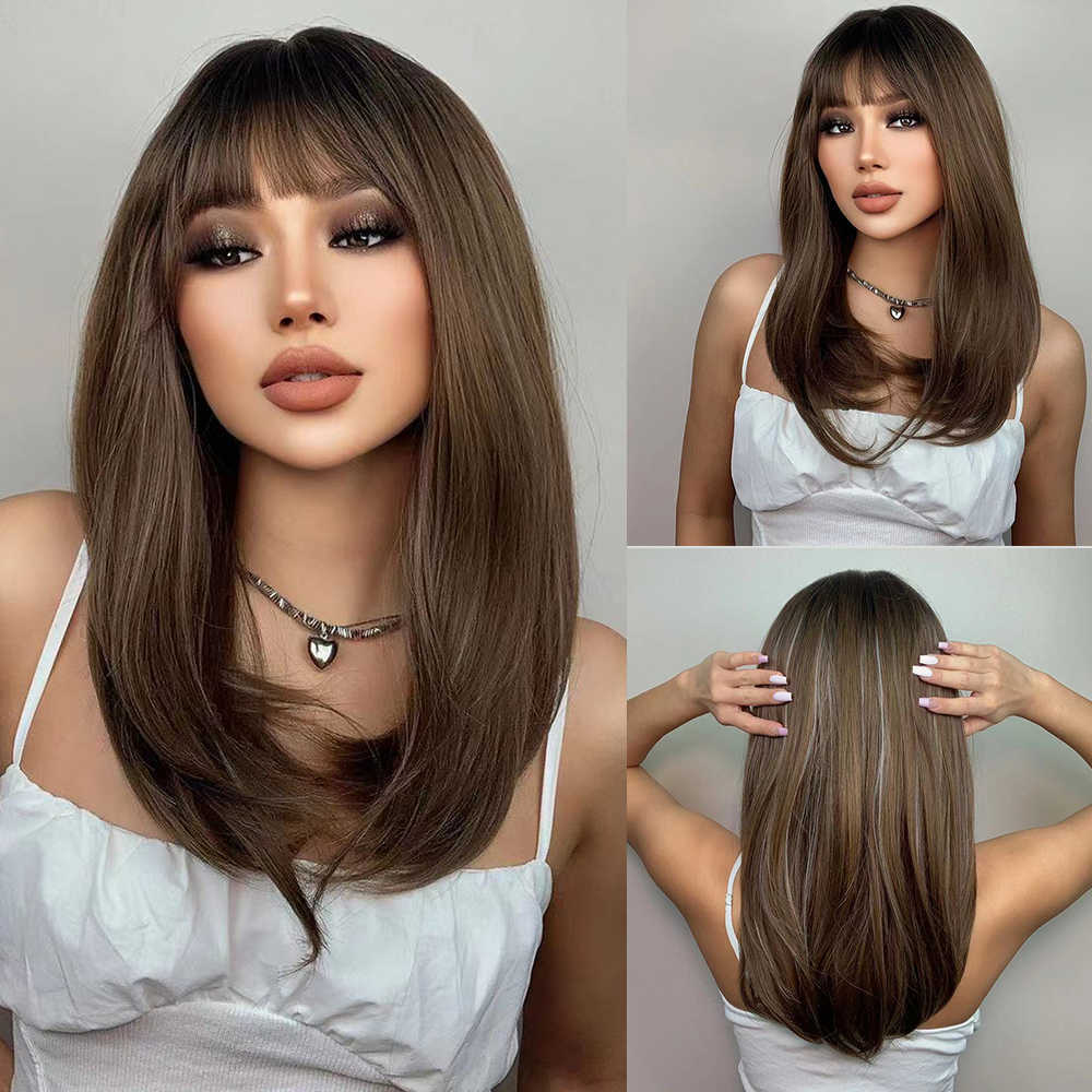 Synthetic Wigs Easihair Long Straight Wigs with Bangs Black to Brown Ombre Synthetic for Women Daily Natural Hair Heat Resistant 230227