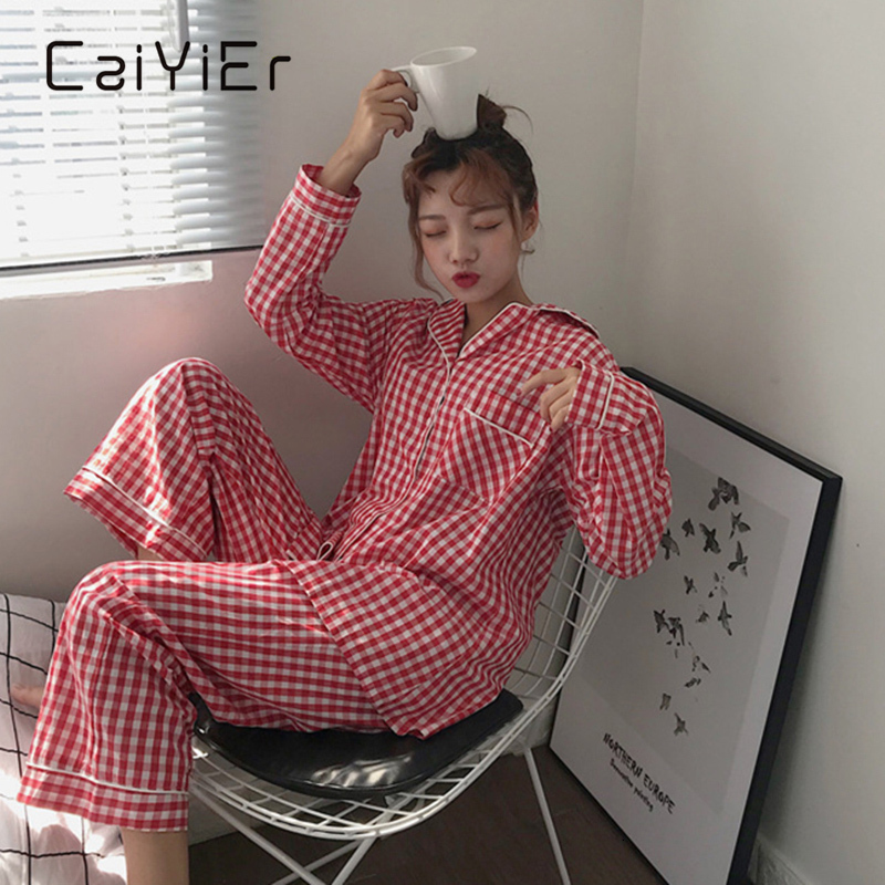 Women's Sleepwear CAIYIER Cute Grid Girls Pajamas Set Korean Autumn Winter Long Sleeve Leisure Sleepwear Women Loose Nightwear Homewear Suit 2303