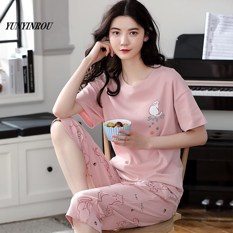 Women's Sleepwear Summer Capris Plaid Women Sleep Lounge Pajama Short-Sleeved Pajama Sets Cartoon Pyjamas Polyester Sleepwear 3XL 5XL Home Fashio