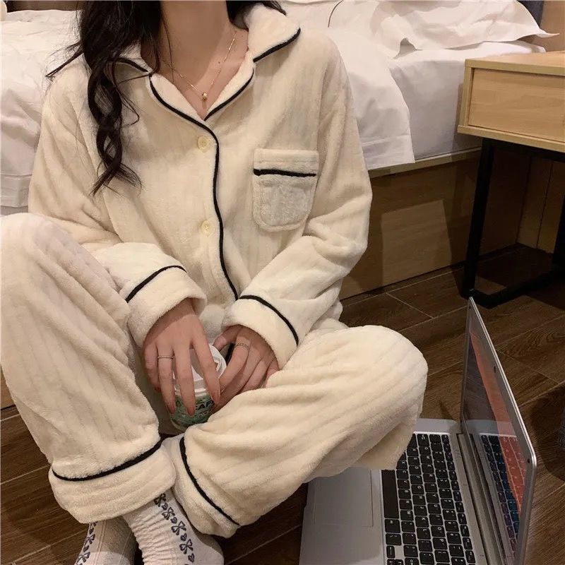 Women's Sleepwear Flannel Pajama Sets Women Winter Two Piece Home Suit 100Sleepwear Warm Korean Style Simple Casual Fashion Gentle Vintage Chic 2