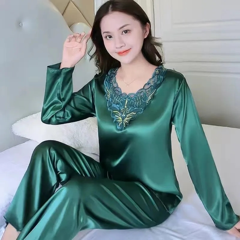Women's Sleepwear 1311-12Women Pajamas Turndown Collar Pocket Long Sleeve Casual Pants 2 Piece Set Sleepwear Female Home Suit Sets Nightwear 2303