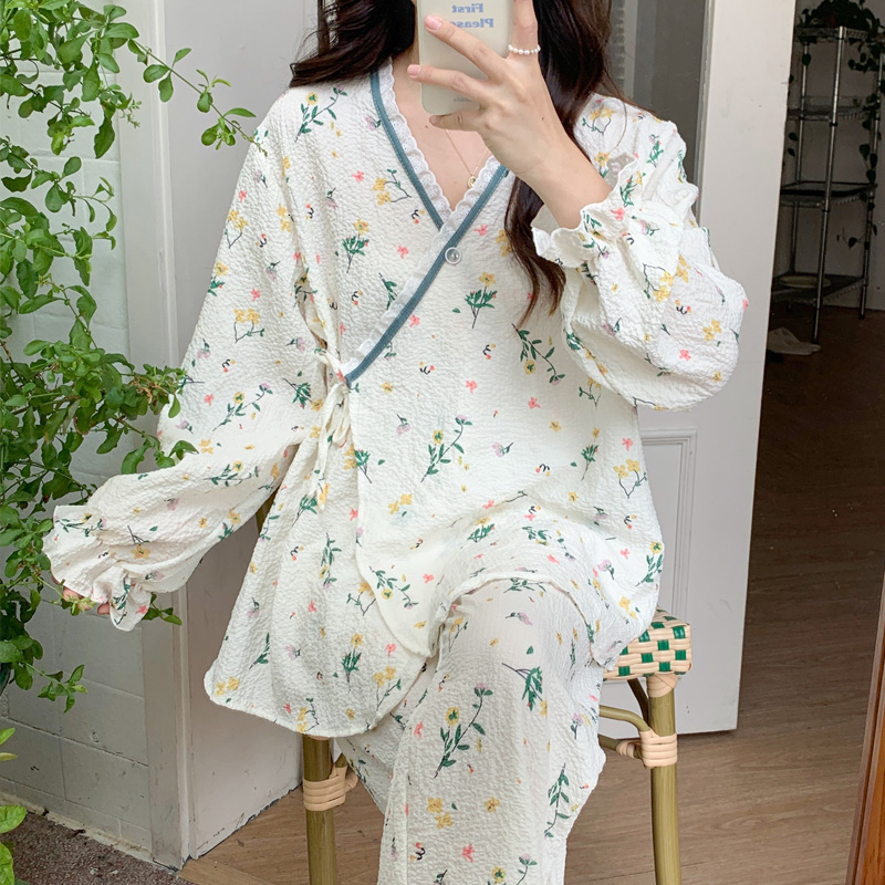 Women's Sleepwear Floral Printed Ladies Kimono Style Pajamas Set Loose Thin V-Neck Long Sleeves Gauze Cotton 2Pcs Sleepwear Loose Homewear 230321