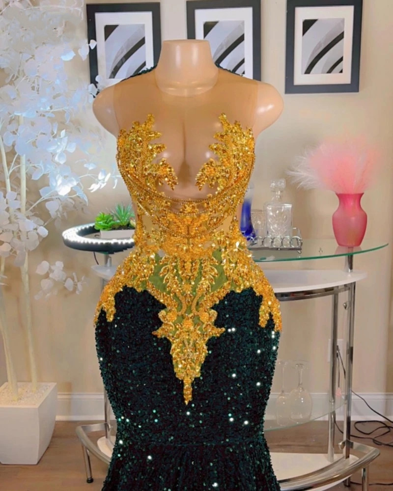 Sparkly Sequins Mermaid Green Prom Dresses For Women Gold Applique Party Gowns Long Evening Dress Vestidos De Graduacion