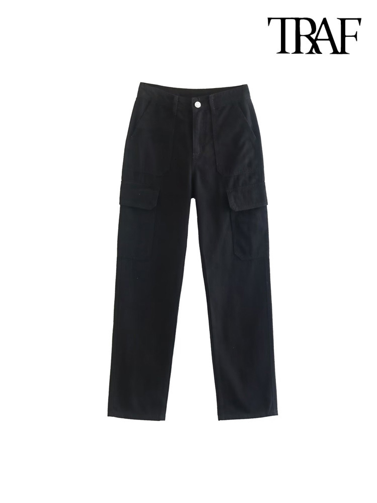 Women's Pants Capris TRAF Women Fashion With Side Patch Pockets Straight Cargo Pants Vintage High Waist Zipper Fly Female Trousers Mujer 230321