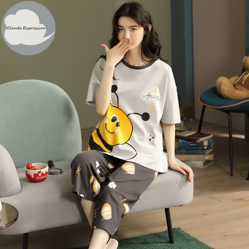 Women's Sleepwear Summer Knitted Cotton Cartoon Pajamas Sets Women Pyjamas Sleepwear Nightwear Pijama Mujer Plus Size Calf-Length Pants Homewear 