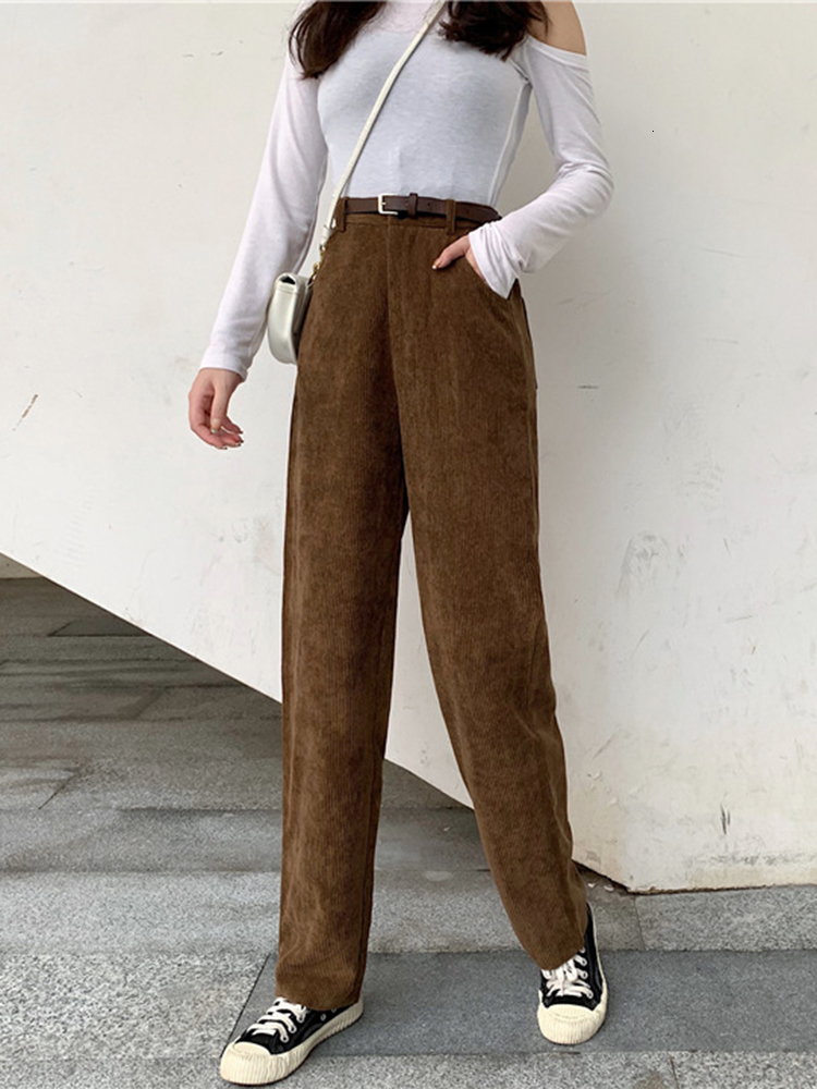 Women's Pants Capris ZOKI Vintage Corduroy Women Pants Fashion Belt Fall Elastic High Waist All Match Wide Leg Pants Causal Pockets Loose Trouser