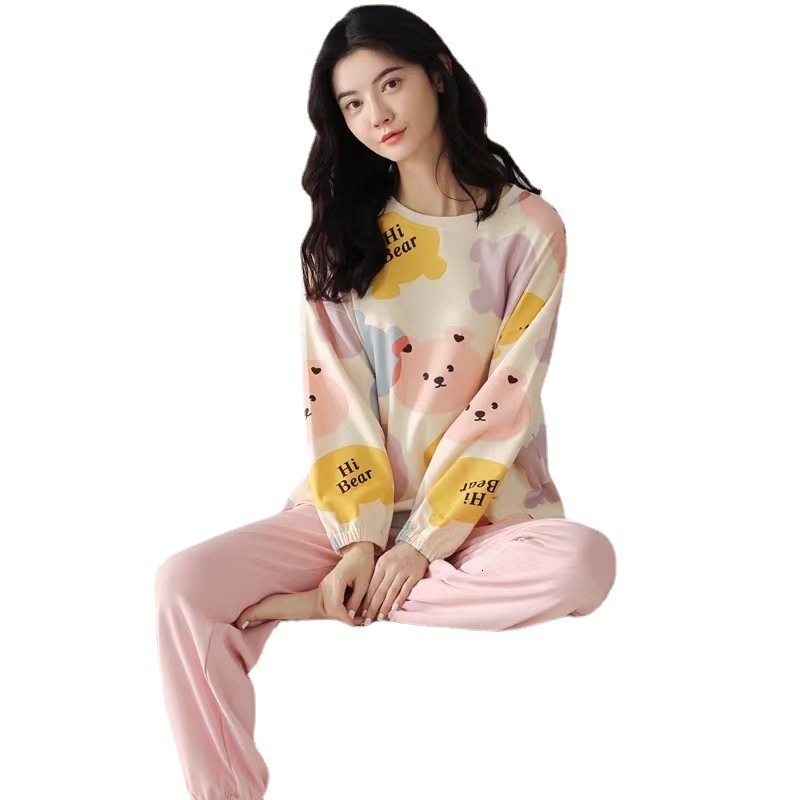 Women's Sleepwear Pajamas Ladies Spring Autumn Long Sleeve Polyester Cotton Women's Autumn and Winter Large Size Casual Autumn Homewear Set 
