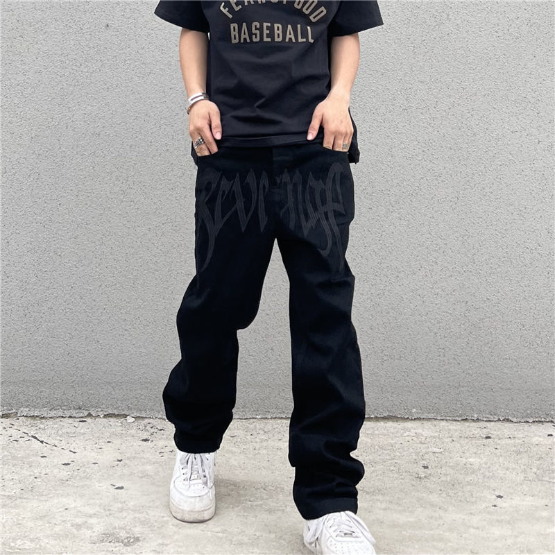Men's Pants Y2K Emo Fashion Black Streetwear Embroidered Low Rise Baggy Jeans Trousers Straight Hip Hop Alt Denim Male Clothes 230320