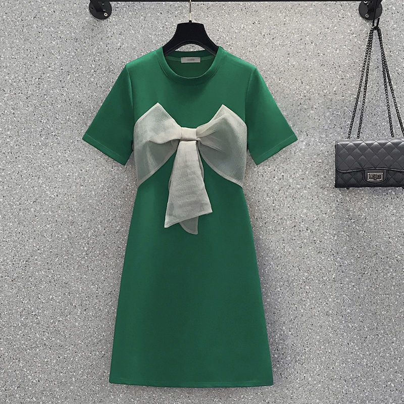 Casual Dresses 40-100kg Women's Fashion Big Bowknot Loose Dress Korean Student Casual Joker O-Neck Short Green Dresses Streetwear Female 230321