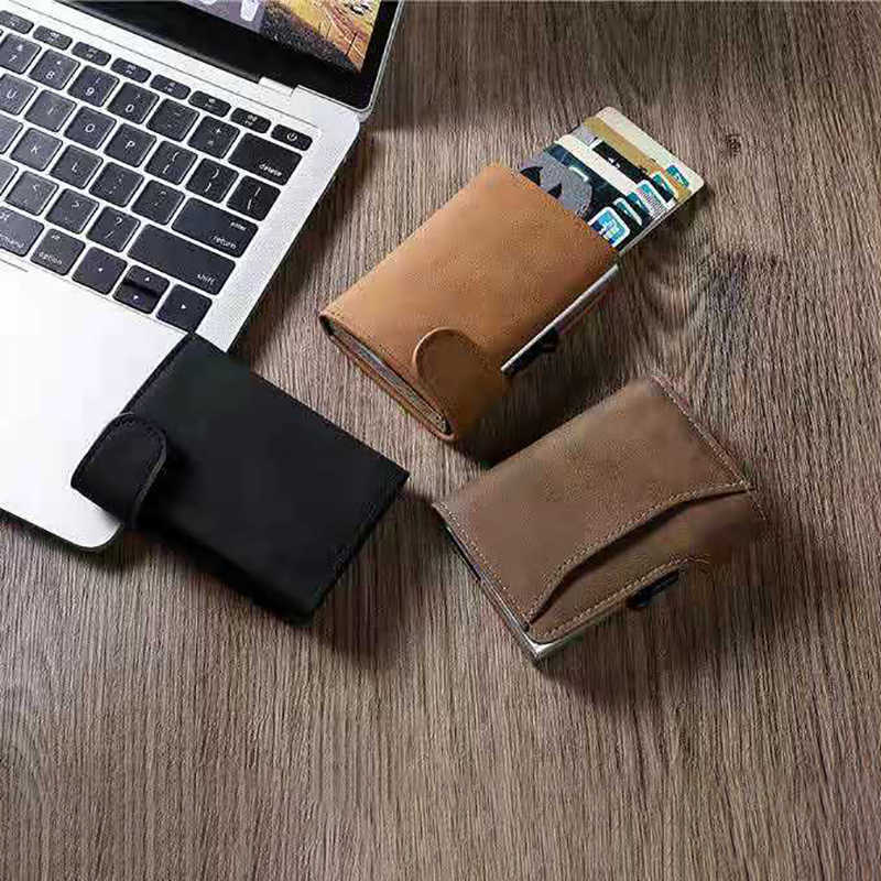 Wallets Rfid Smart Wallet ID Holder Leather Ultra-thin Business Men Cardbag Automatic Pop-up Anti Theft Brush Metal Card Box G230308
