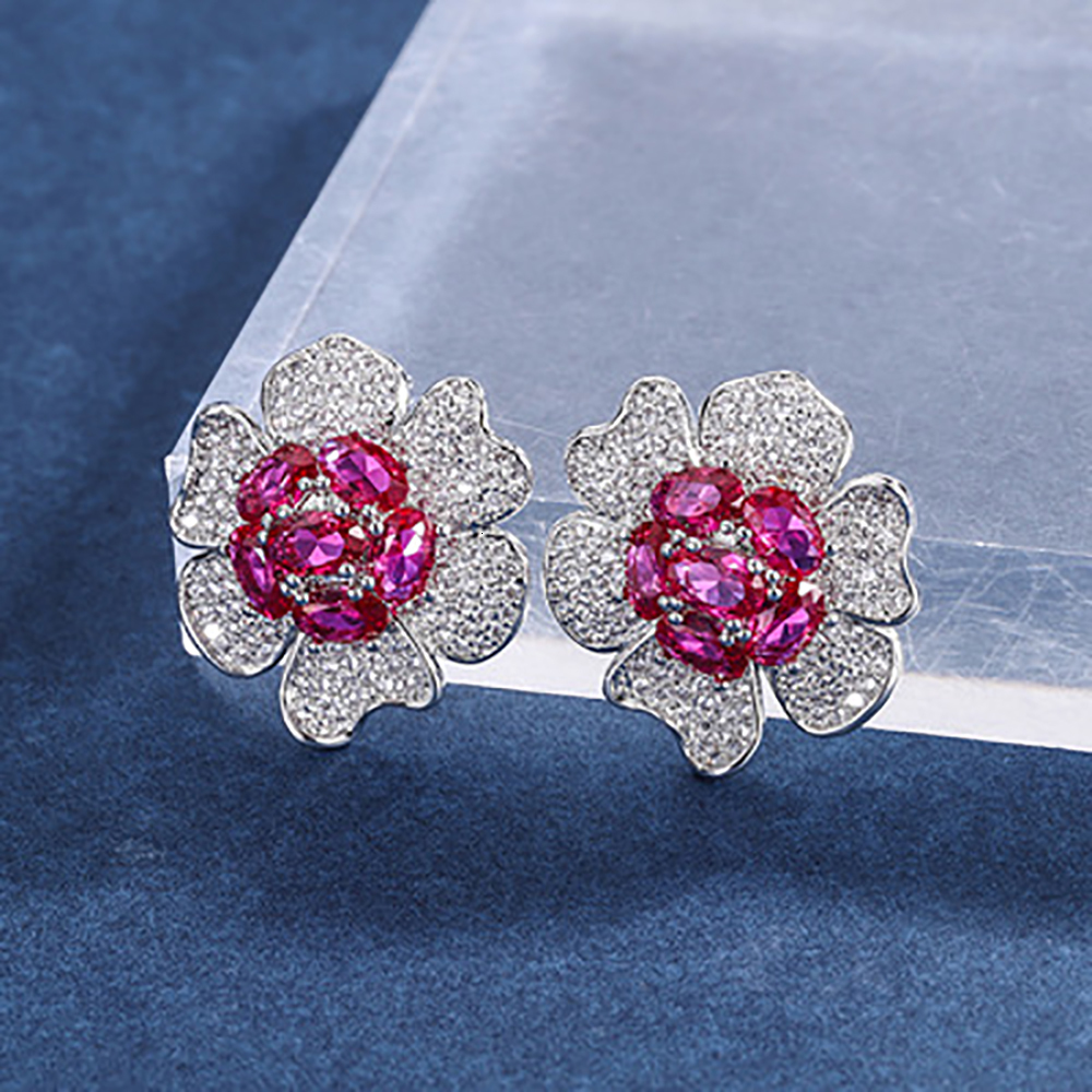 Charm Trend Vintage High Carbon Diamond Ruby Gemstone FlowerShaped Stud Earrings for Women Female Jewelry Statement Wholesale 230320