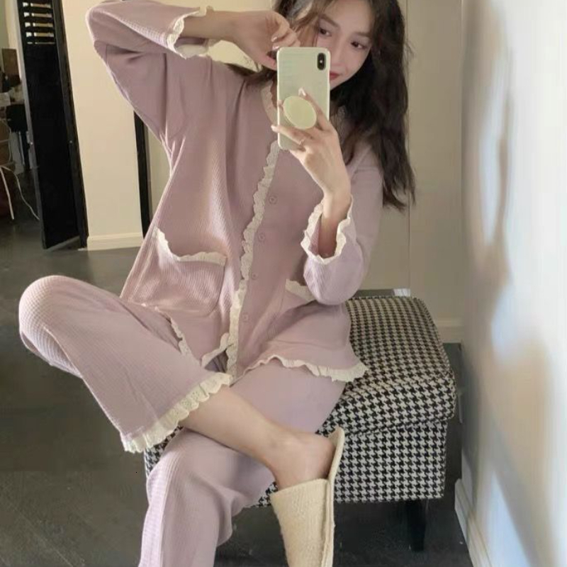 Women's Sleepwear Pajama Sets Women Sweet Cute Fall Outfits Long Sleeve Home Sleepwear Night Harajuku Lace Patchwork V-neck Cozy Korean Fashion 2