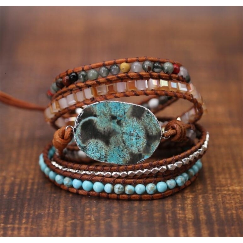 Charm Bracelets Women Leather Bracelet Unique Mixed Natural Stones Gilded Stone Charm 5 Strands Wrap Bracelets Handmade Boho Bracelet 230320