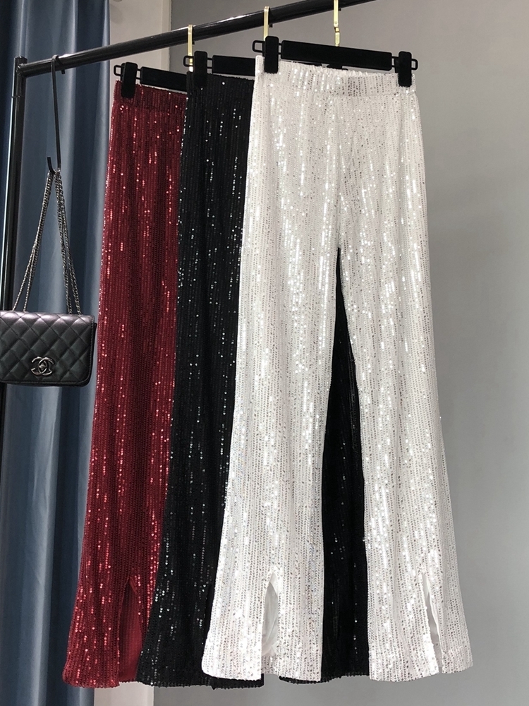 Women's Pants Capris The Women's Fashion Shining White Trousers Show Tall Waist Sequins Flares Pants 230321