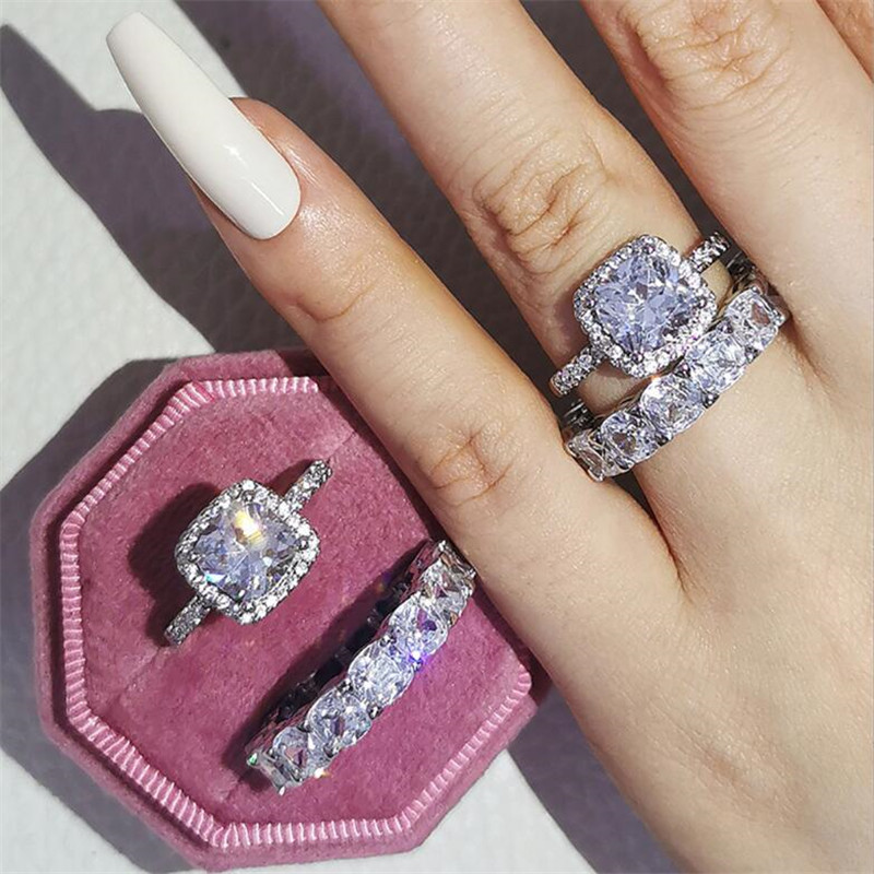 Ins Top Sell Wedding Rings Luxury Jewelry 925 Sterling Silver Cushion Shape Emerald 5A Cubic Zircon CZ Diamond Handmade Party Eternity Women Engagemen