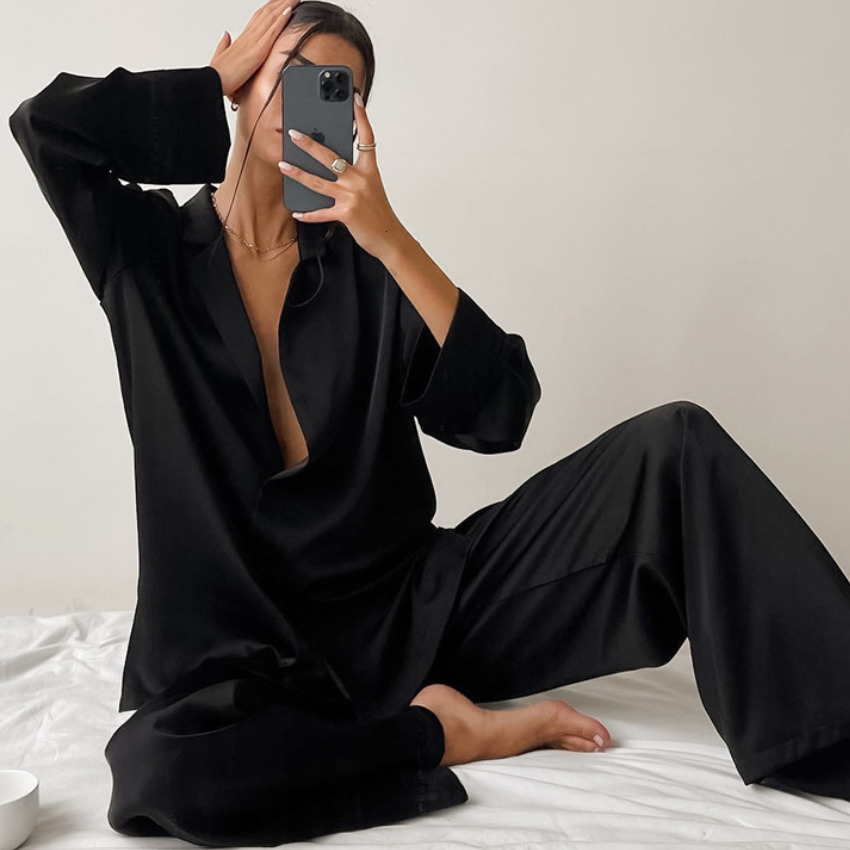 Women's Sleepwear Satin Pajamas Women Button-down Sleepwear Nightgown Turn-down Collar Pyjamas Nightwear With Trousers 2PCS Shirt Pants Suit 2303