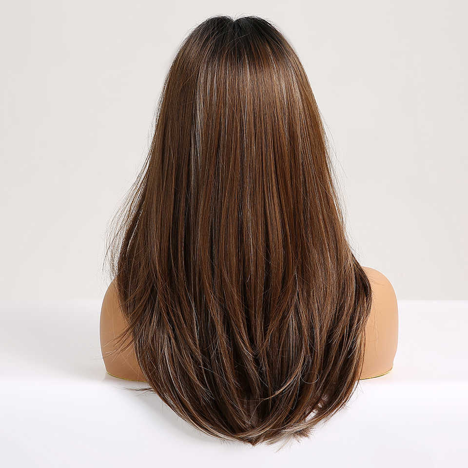 Synthetic Wigs Easihair Long Straight Wigs with Bangs Black to Brown Ombre Synthetic for Women Daily Natural Hair Heat Resistant 230227
