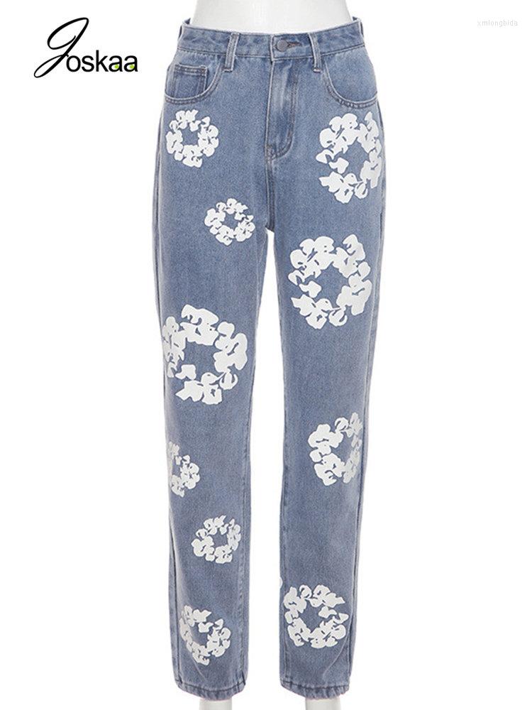 Women's Jeans Joskaa Flower Print Blue For Women Clothing Autumn 2023 Casual High Waist Straight Denim Pants Female Bottoms Streetwear