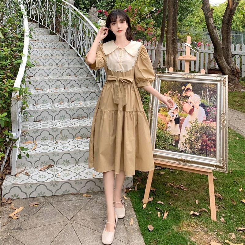 Casual Dresses Women Short Sleeve Dress Patchwork Peter Pan Collar Bow Girls Sweet Kawaii Dresses Students Korean Style High Waist Loose Trendy 230321
