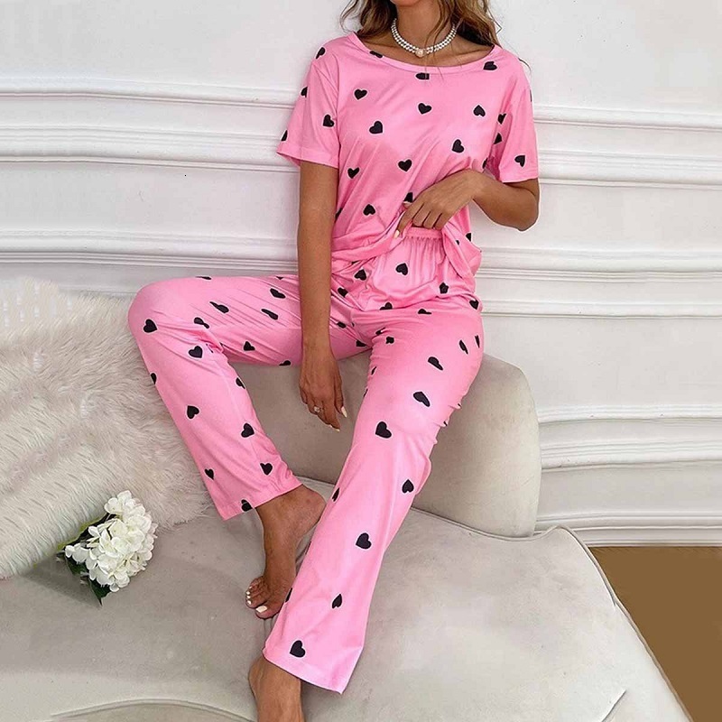 Women's Sleepwear Lace Pijamas Summer Women's Short Sleeve Tops With Trousers Pajamas Set Korean Love Print Sweet Cute Sleepwear Home Clothi