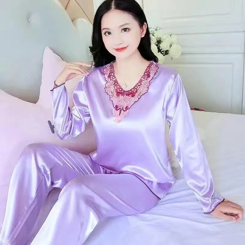 Women's Sleepwear 1311-12Women Pajamas Turndown Collar Pocket Long Sleeve Casual Pants 2 Piece Set Sleepwear Female Home Suit Sets Nightwear 2303