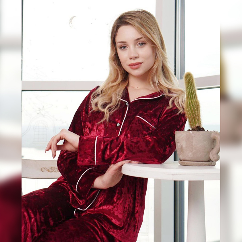 Women's Sleepwear Hiloc Single Breasted Sleepwear Velour Robes Women Pajama Turn Down Collar Set Woman 2 Pieces Pocket Nightwear Velvet Nightgown