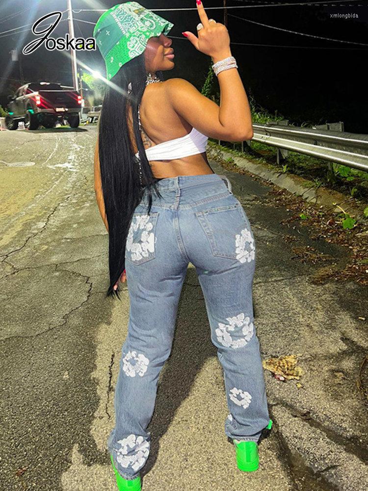 Women's Jeans Joskaa Flower Print Blue For Women Clothing Autumn 2023 Casual High Waist Straight Denim Pants Female Bottoms Streetwear