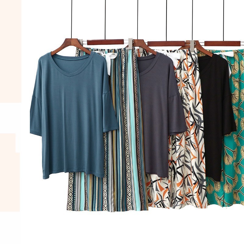 Women's Sleepwear 2PCS Women Pajama Short Sleeve Printing Modal Splicing Pijama Mujer Femme Loose Nightwear Suit Female Casual Homewear Pajama Se