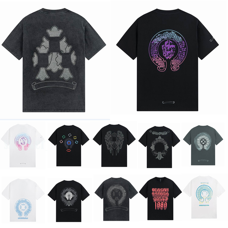 2023 Designer Mens T-Shirts For sale Embossed Letter Horseshoe Sanskrit Cross Pattern Tees Classic Crew Neck Chromes Men T-shirts Szie S-XL