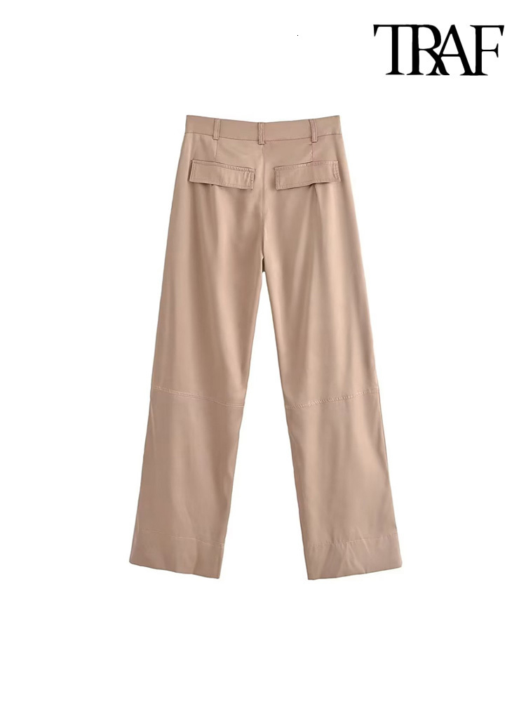 Women's Pants Capris TRAF Women Fashion With Pockets Satin Cargo Pants Vintage High Waist Zipper Fly Female Trousers Mujer 230321