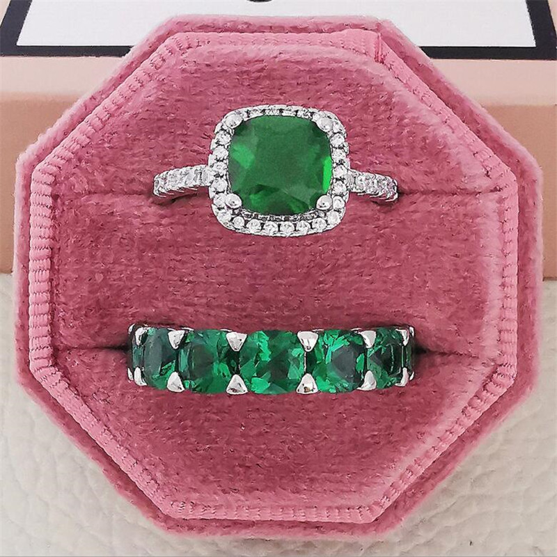Ins Top Sell Wedding Rings Luxury Jewelry 925 Sterling Silver Cushion Shape Emerald 5A Cubic Zircon CZ Diamond Handmade Party Eternity Women Engagemen