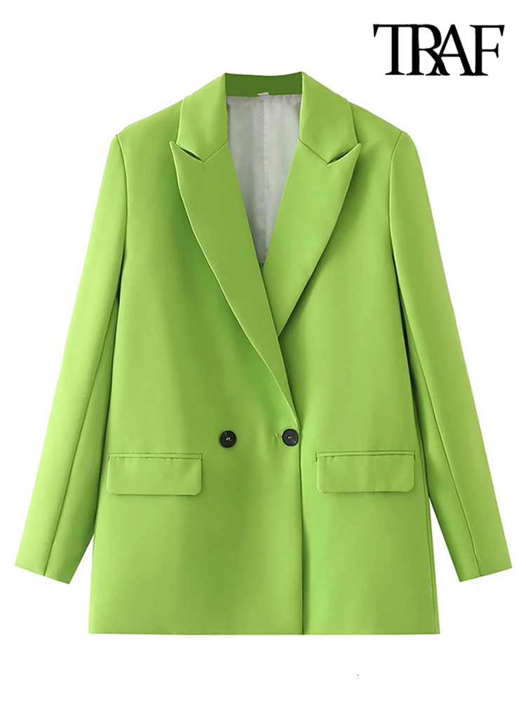 Women's Suits Blazers TRAF Women Chic Office Lady Double Breasted Blazer Vintage Coat Fashion Notched Collar Long Sleeve Ladies Outerwear Stylish