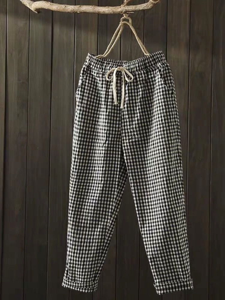 Women's Pants Capris Spring Summer Plaid Pants Women's Harem Pants Capris Drawstring Waist Large Size Casual Loose Cotton Linen Trousers Wom