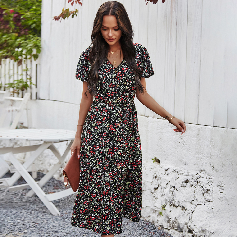 Casual Dresses Summer Dress Women V Neck Button Vintage Floral Printed Bohemian Maxi Dresses Woman Casual Beach Holiday Dress Vestido 230321