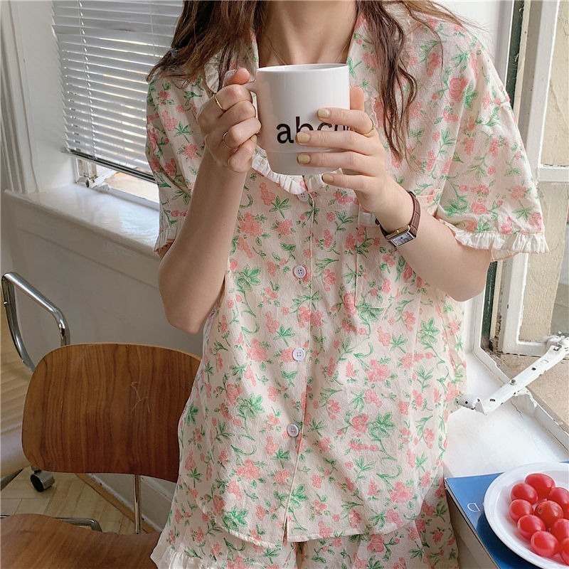 Women's Sleepwear Pajama Sets Turn-down Collar Short Sleeve Women Summer Floral Printed Thin Kawaii Trendy Womens 2pcs Kimono Pyjamas Elegant 230